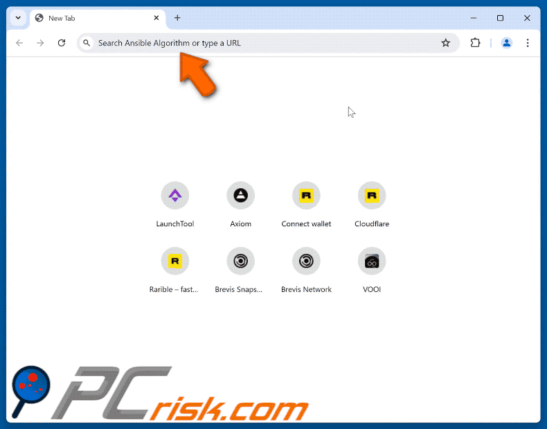 Browser hijacker AI Output Algo Tool che reindirizza a search.ansiblealgorithm.com (GIF)