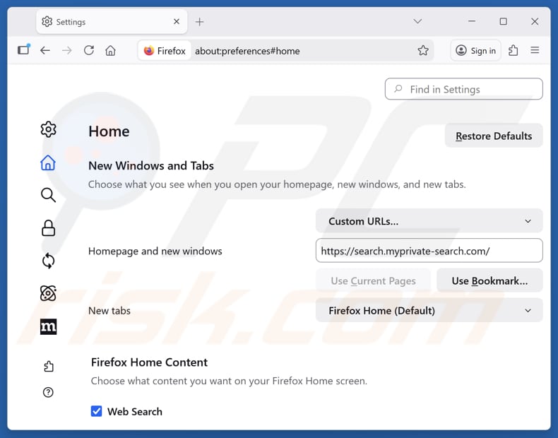 Rimozione di search.myprivate-search.com dalla pagina iniziale di Mozilla Firefox