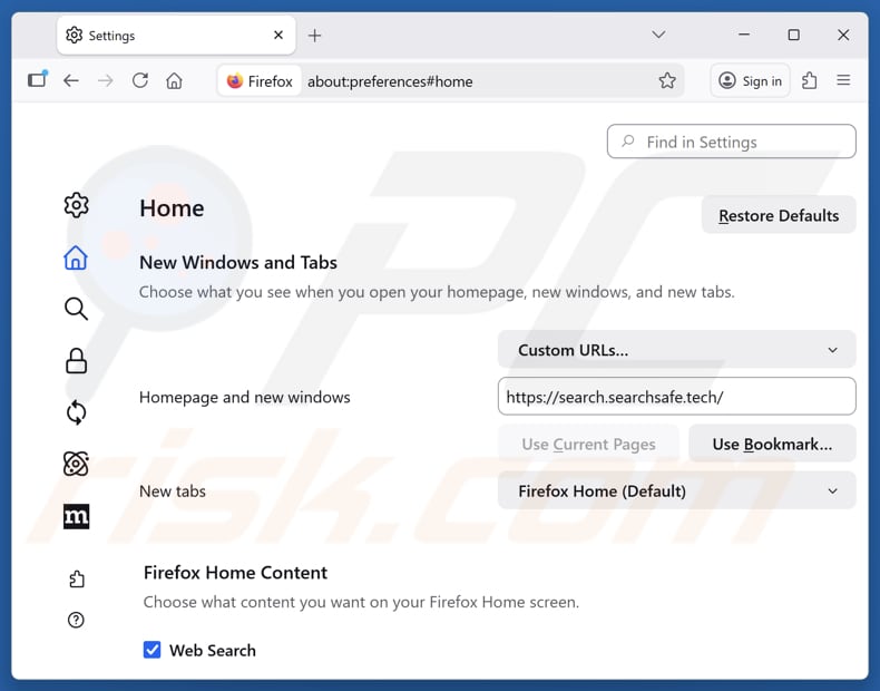 Rimozione di search.searchsafe.tech dalla pagina iniziale di Mozilla Firefox
