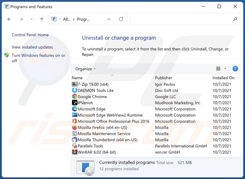 Disinstallazione del dirottatore del browser search.searchsafe.tech tramite il Pannello di controllo