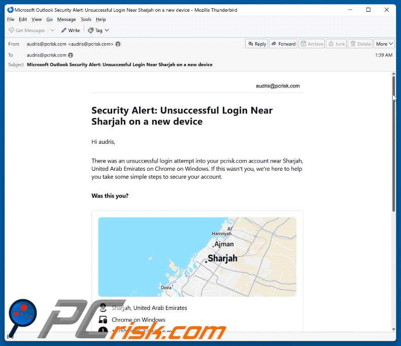 Security Alert: Unsuccessful Login On A New Device aspetto delle e-mail truffaldine (GIF)