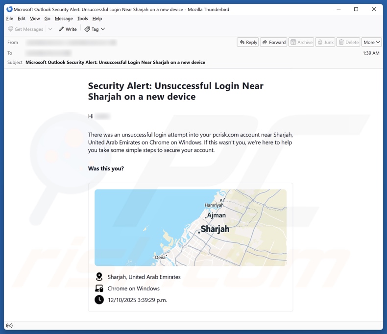 Security Alert: Unsuccessful Login On A New Device campagna di spam via e-mail
