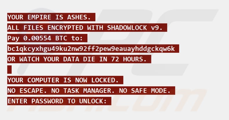 ShadowLock ransomware richiesta di riscatto a schermo intero
