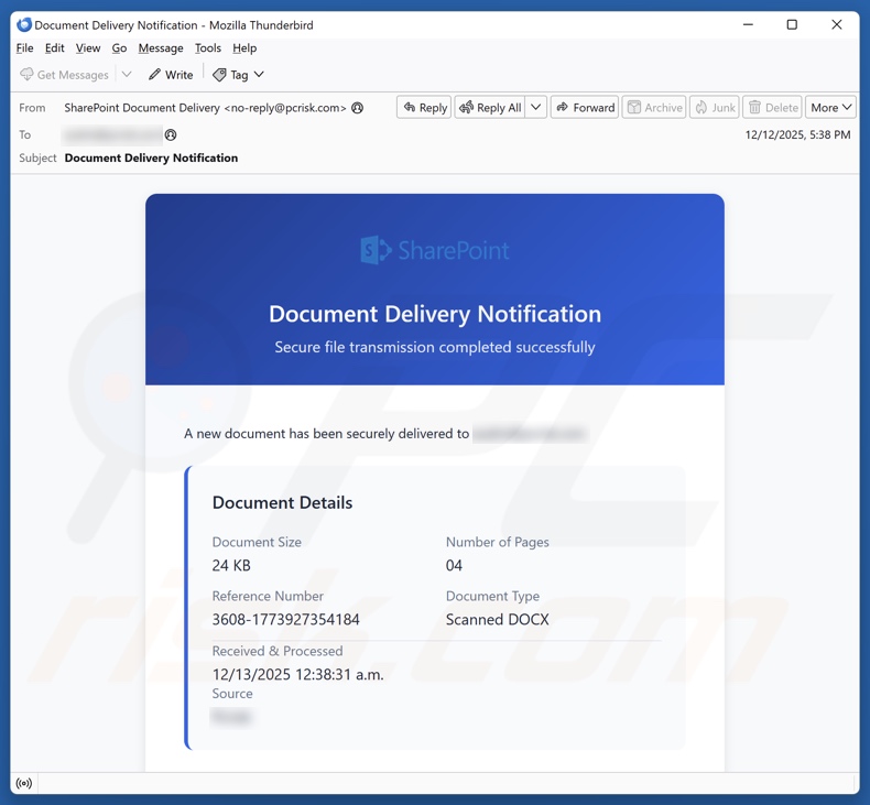 SharePoint Document Delivery Notification campagna di spam via e-mail