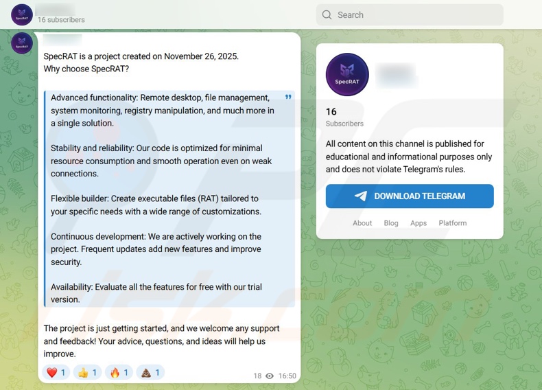 Canale Telegram che promuove il malware SpecRAT