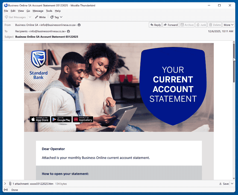 Standard Bank Account Statement Aspetto delle truffe via e-mail