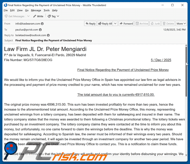 Unclaimed Prize Money aspetto delle e-mail truffaldine (GIF)