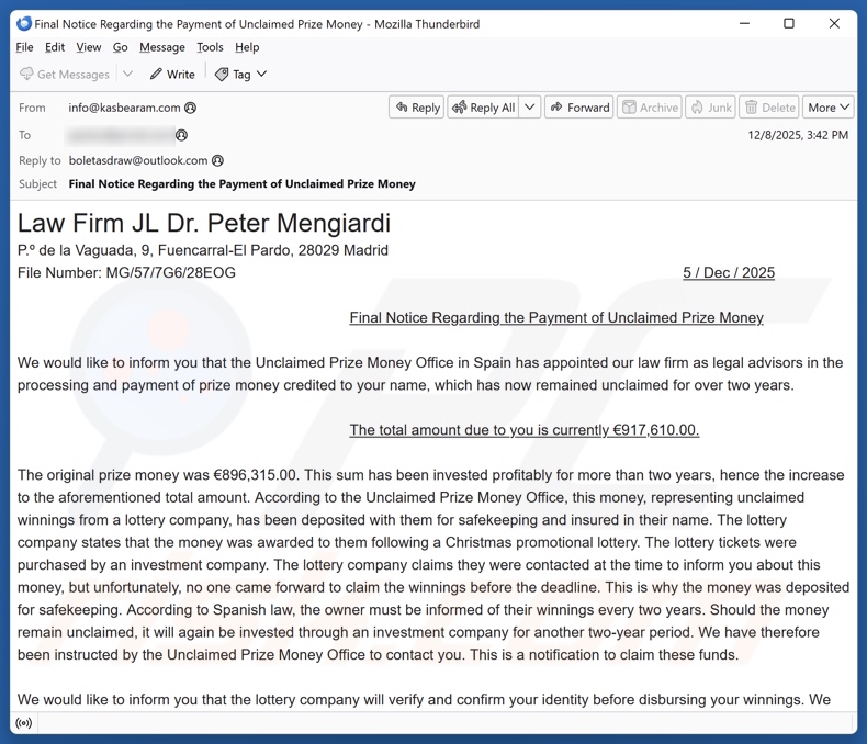 Unclaimed Prize Money campagna di spam via e-mail