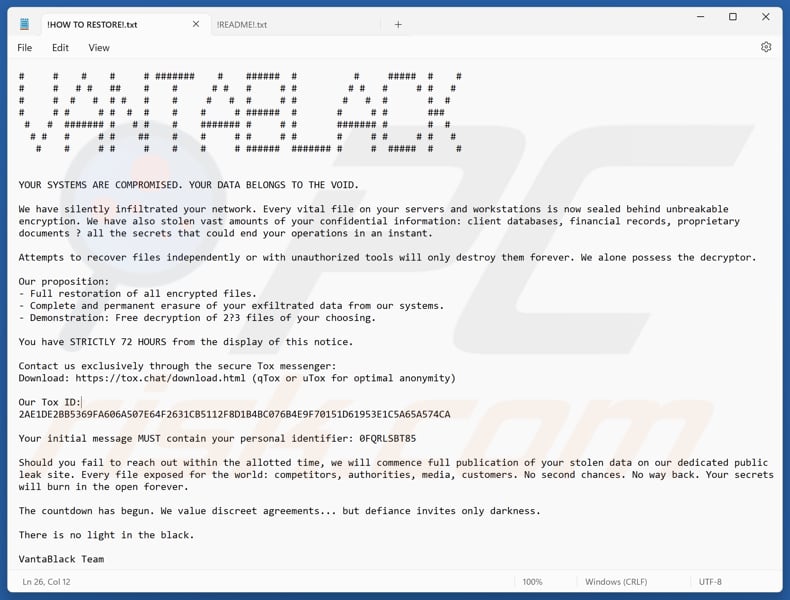 VantaBlack ransomware file di testo (!HOW TO RESTORE!.txt e !README!.txt)