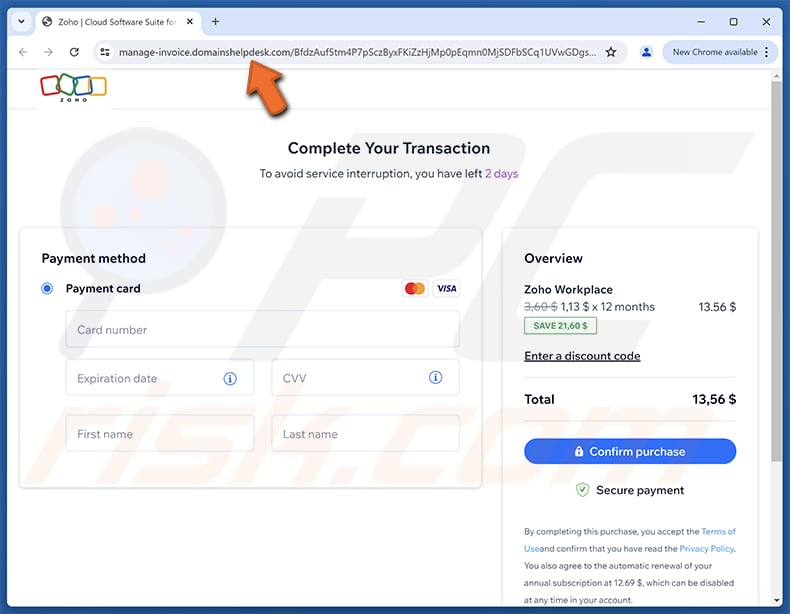 Zoho - Update Your Payment Method Sito web di phishing per truffe via e-mail