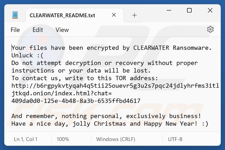 File di testo del ransomware ClearWater (CLEARWATER_README.txt)