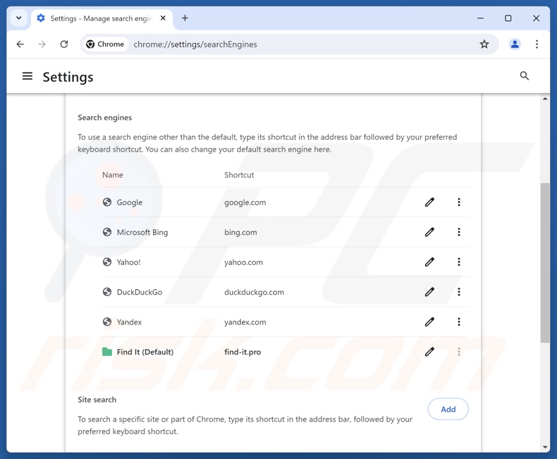 Rimozione di find-it.pro dal motore di ricerca predefinito di Google Chrome