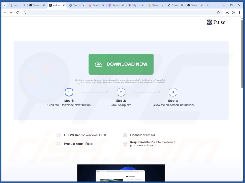 Sito web utilizzato per promuovere la PUA Pulse 2