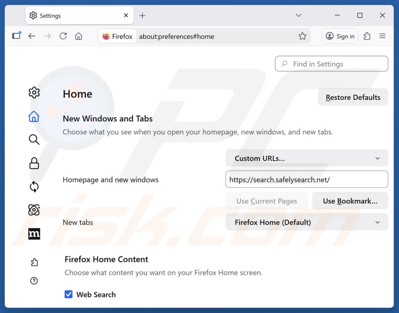 Rimozione di search.safelysearch.net dalla pagina iniziale di Mozilla Firefox