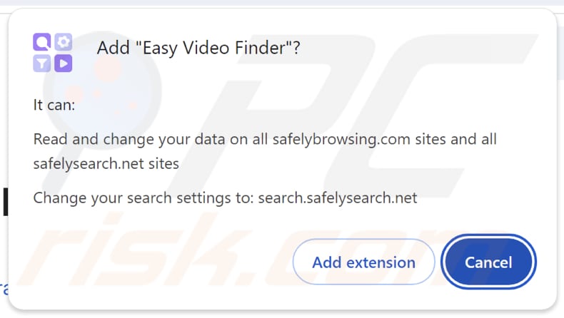 Il browser hijacker Easy Video Finder richiede autorizzazioni