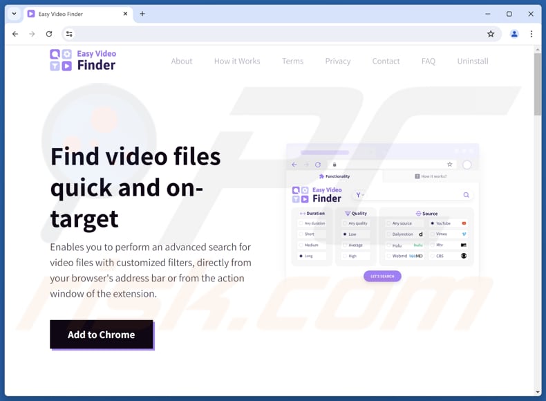 Sito web utilizzato per promuovere il browser hijacker Easy Video Finder