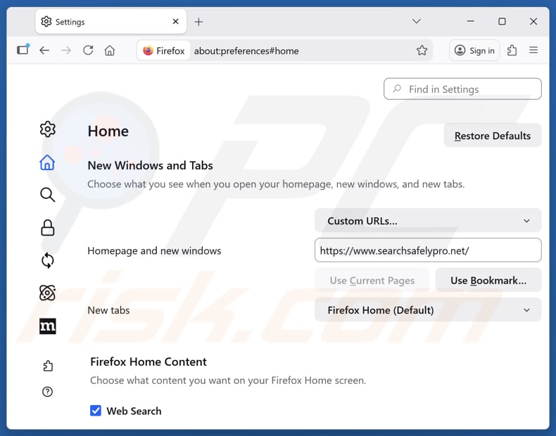 Rimozione di searchsafelypro.net dalla pagina iniziale di Mozilla Firefox