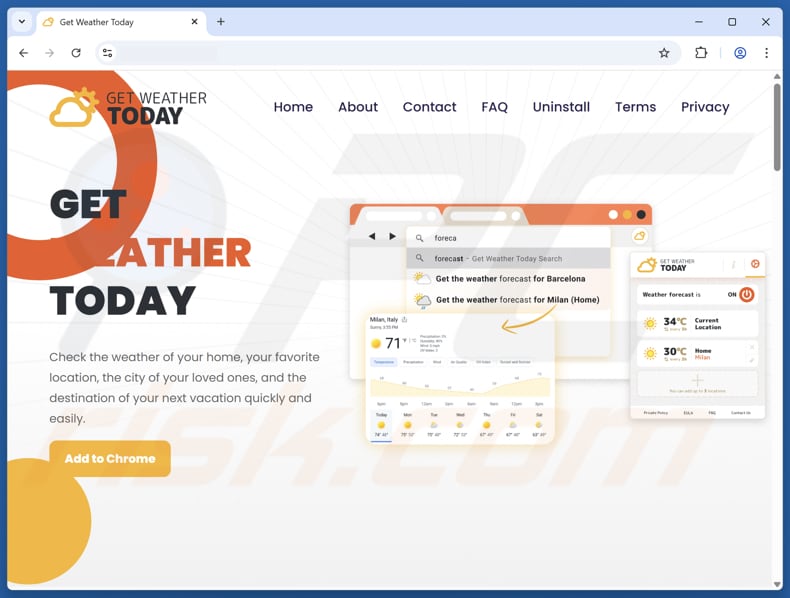 Sito web utilizzato per promuovere il browser hijacker Get Weather Today