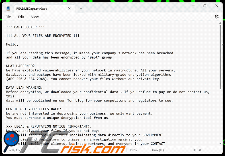 0apt Locker ransomware file di testo (README0apt.txt)
