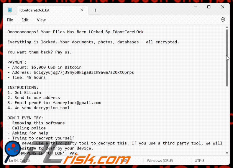 IdontCareLOck Ransomware nota di riscatto (IdontCareLOck.txt)