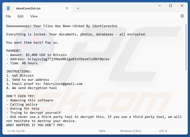 File di testo del ransomware IdontCareLOck (IdontCareLOck.txt)