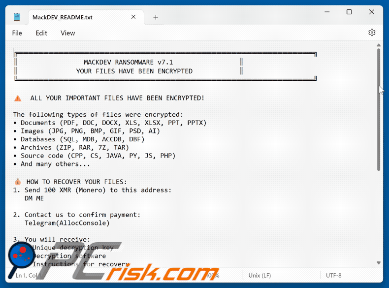 MackDEV Ransomware richiesta di riscatto (MackDEV_README.txt)