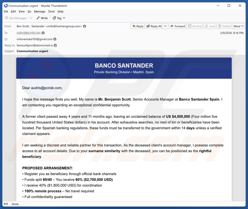 Santander Bank - Unclaimed Balance campagna di spam via e-mail