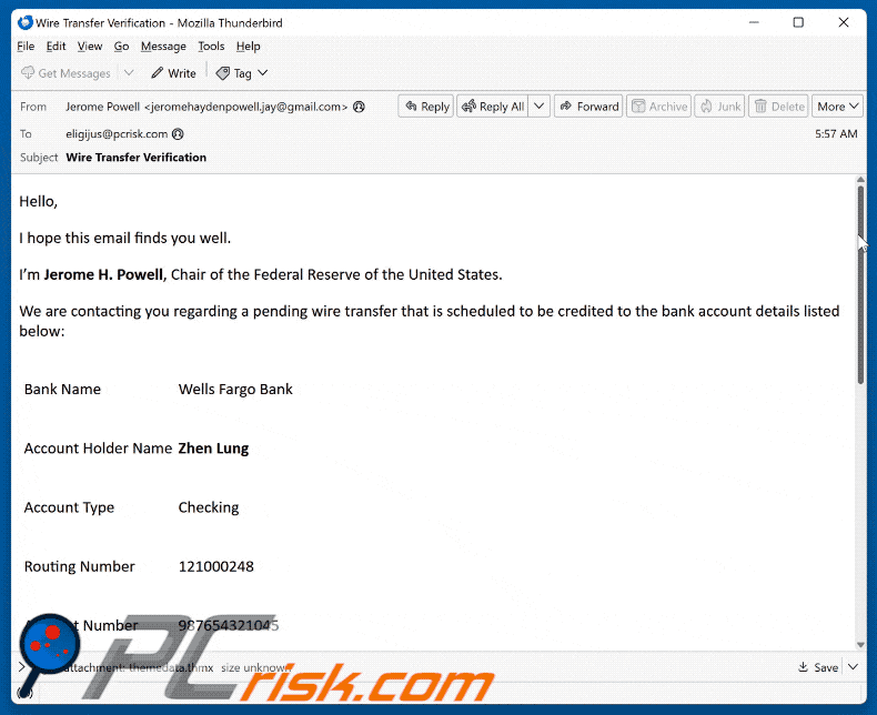 Wells Fargo - Pending Wire Transfer Aspetto delle truffe via e-mail