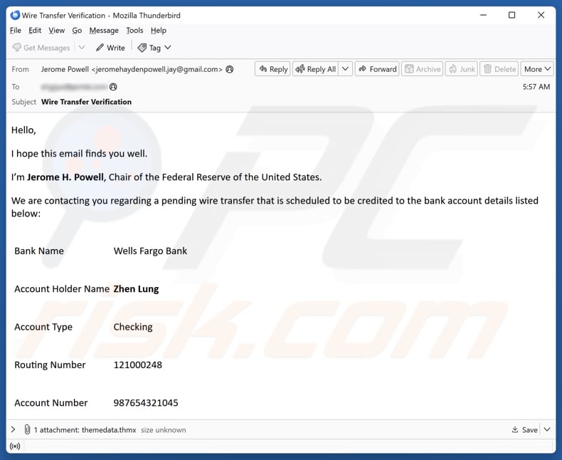 Wells Fargo - Pending Wire Transfer campagna di spam via e-mail