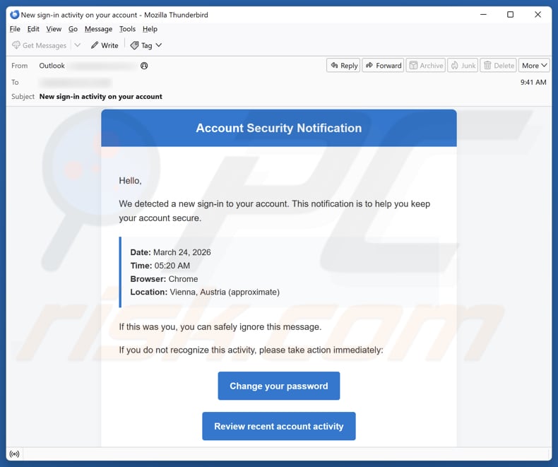 Account Security Notification campagna di spam via e-mail