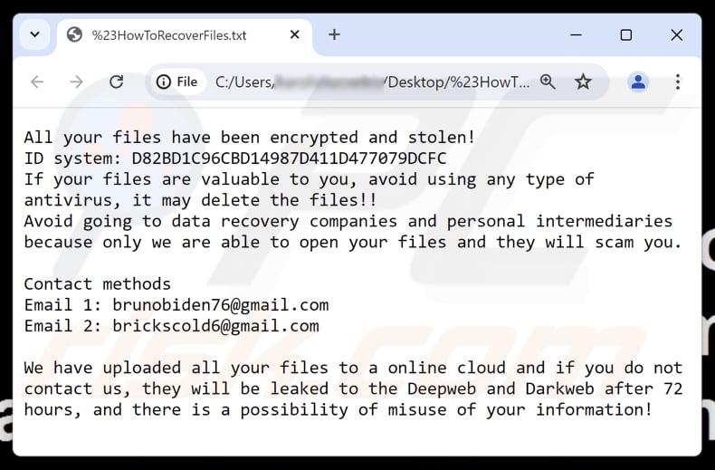Bricks ransomware file di testo (HowToRecoverFiles.txt)