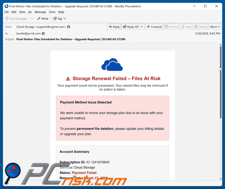 Cloud Storage Renewal Failed Aspetto delle truffe via e-mail
