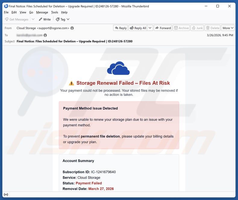 Cloud Storage Renewal Failed campagna di spam via e-mail