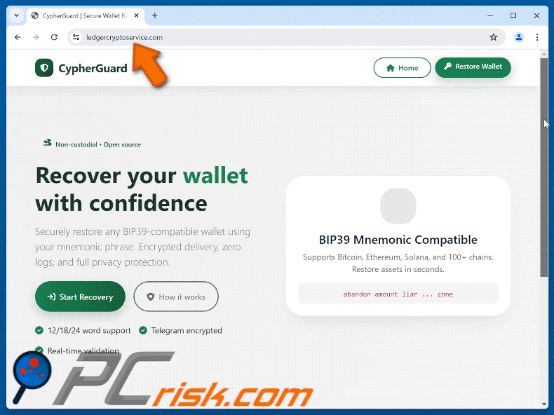 La truffa dello strumento di recupero del portafoglio CypherGuard falso