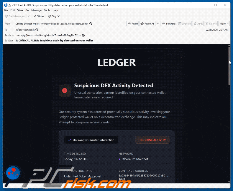 Ledger - Suspicious DEX Activity Detected Aspetto delle truffe via e-mail