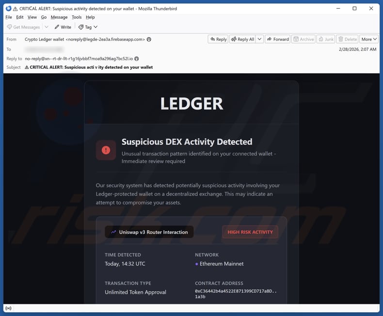 Ledger - Suspicious DEX Activity Detected campagna di spam via e-mail
