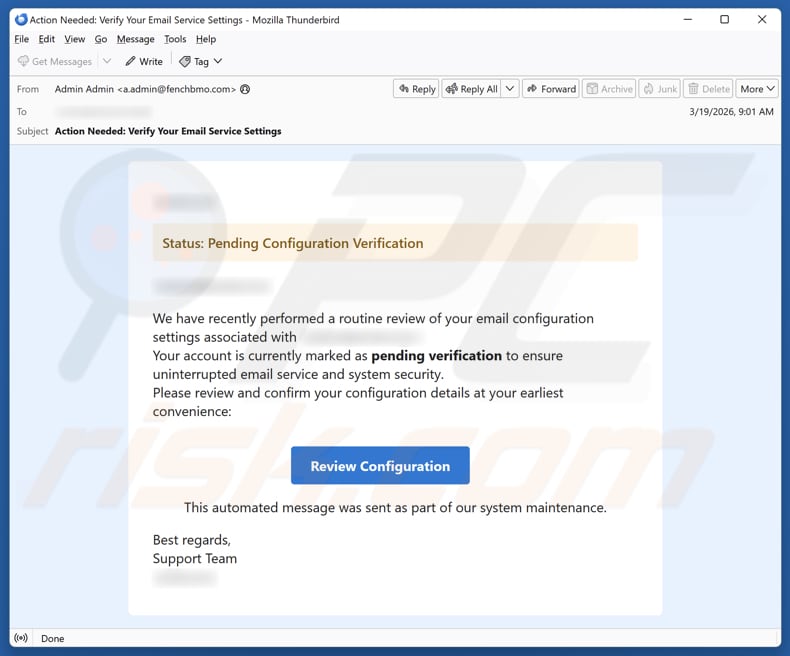 Pending Configuration Verification campagna di spam via e-mail