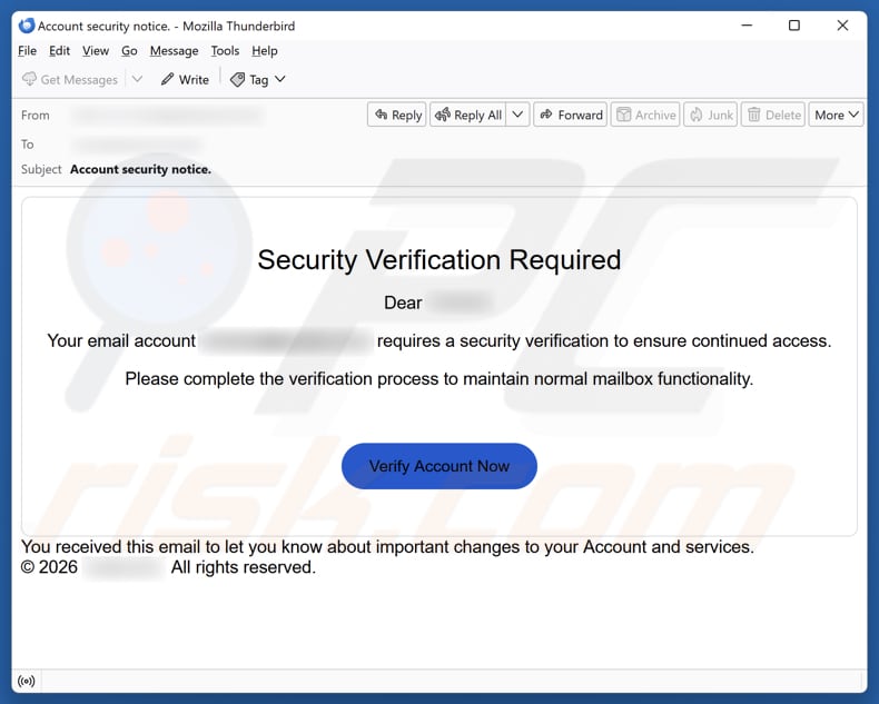 Security Verification Required campagna di spam via e-mail