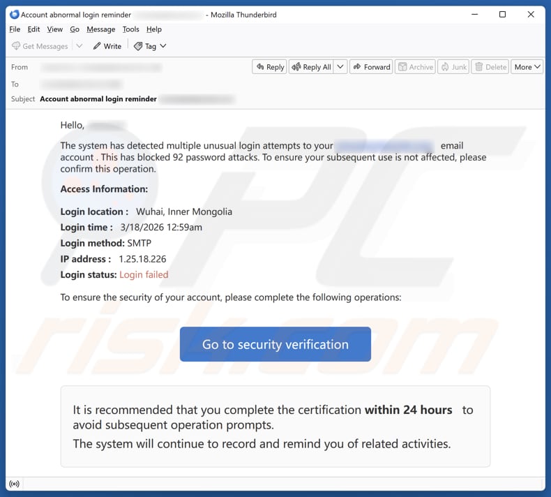 Unusual Login Attempts And Password Attacks campagna di spam via e-mail