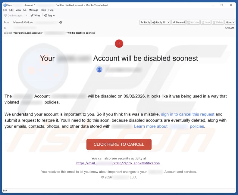 Your Account Will Be Disabled campagna di spam via e-mail