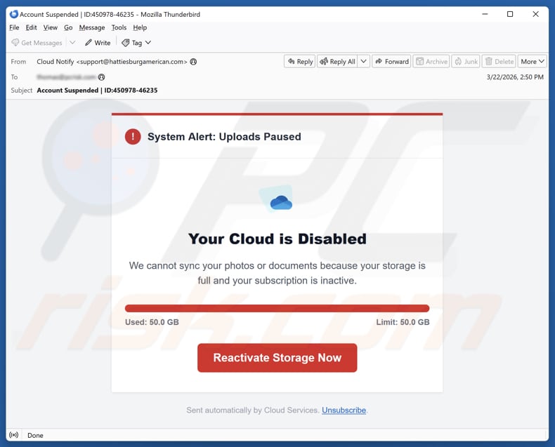 Your Cloud Is Disabled campagna di spam via e-mail