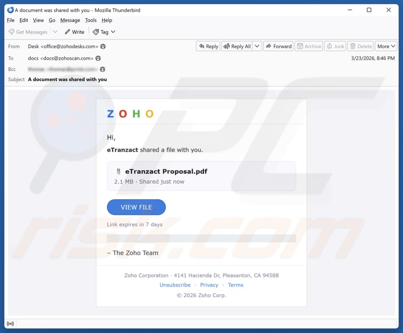 Zoho - File Shared With You campagna di spam via e-mail