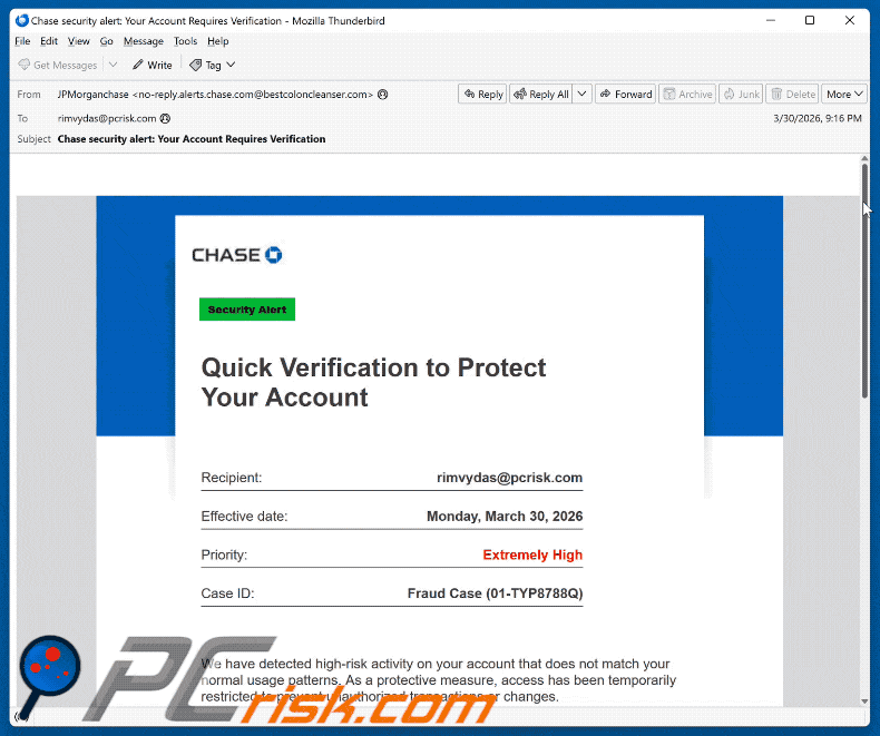 Aspetto dell'email truffa Chase - Verification To Protect Your Account