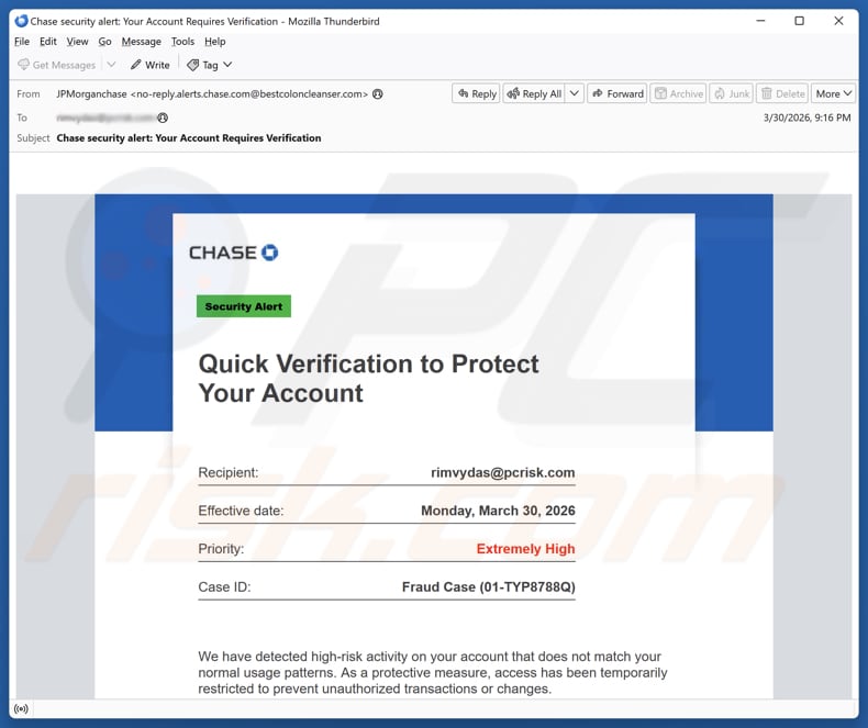 Campagna di spam via email Chase - Verification To Protect Your Account