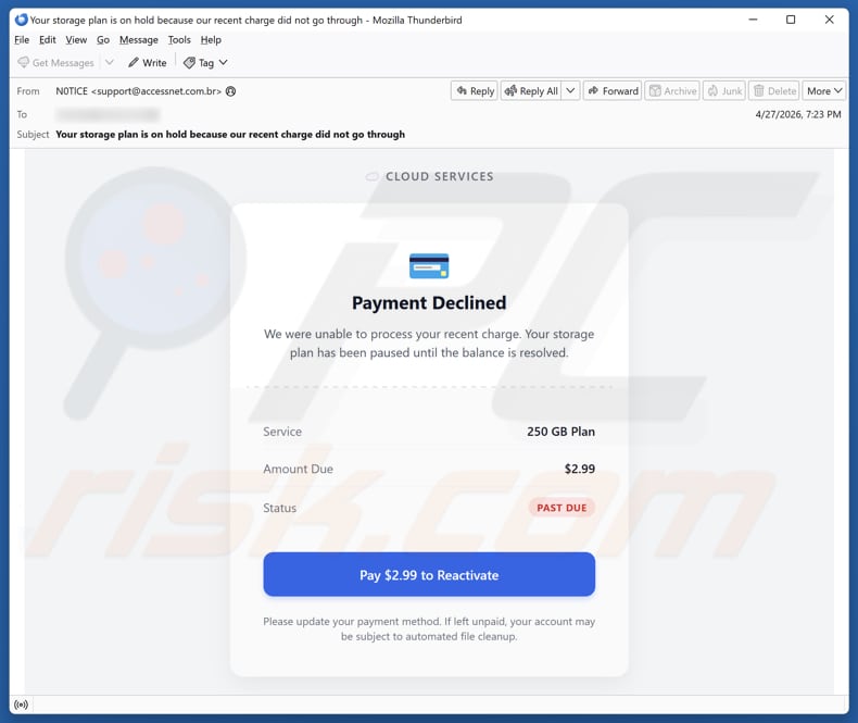 Campagna di spam via email Cloud Services - Payment Declined