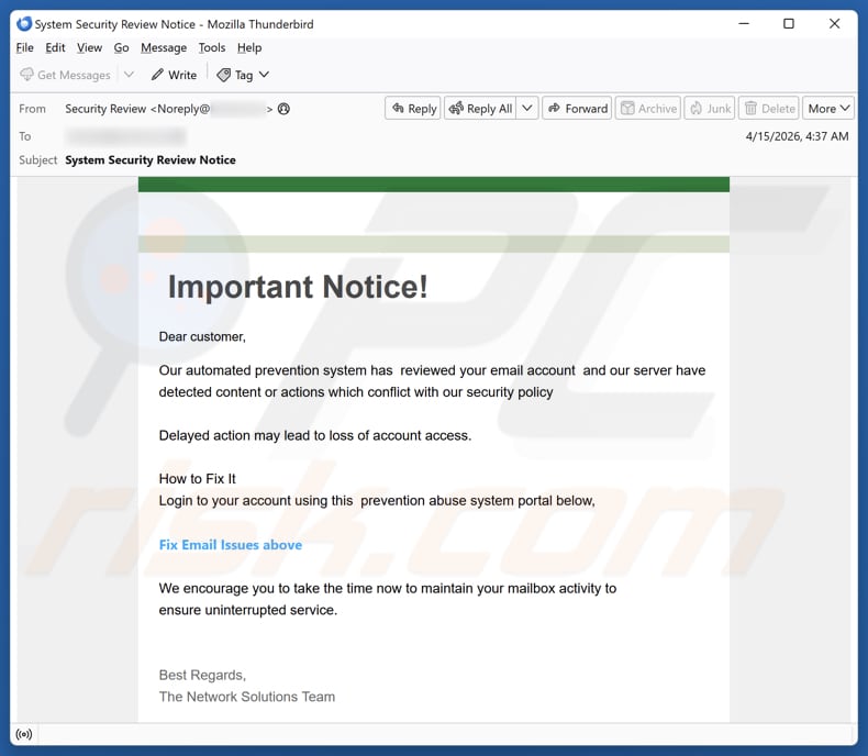 Campagna di spam via email Content Or Actions Conflict With Our Security Policy
