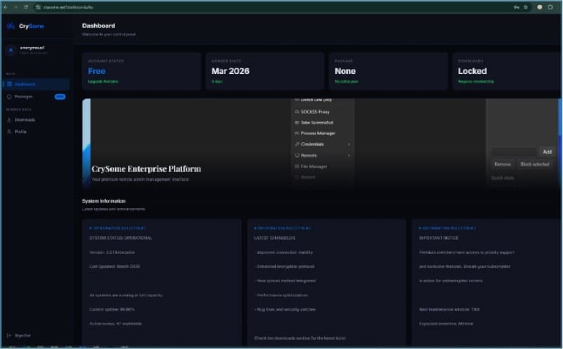 Pannello di amministrazione del RAT CrySome (fonte cyfirma.com)