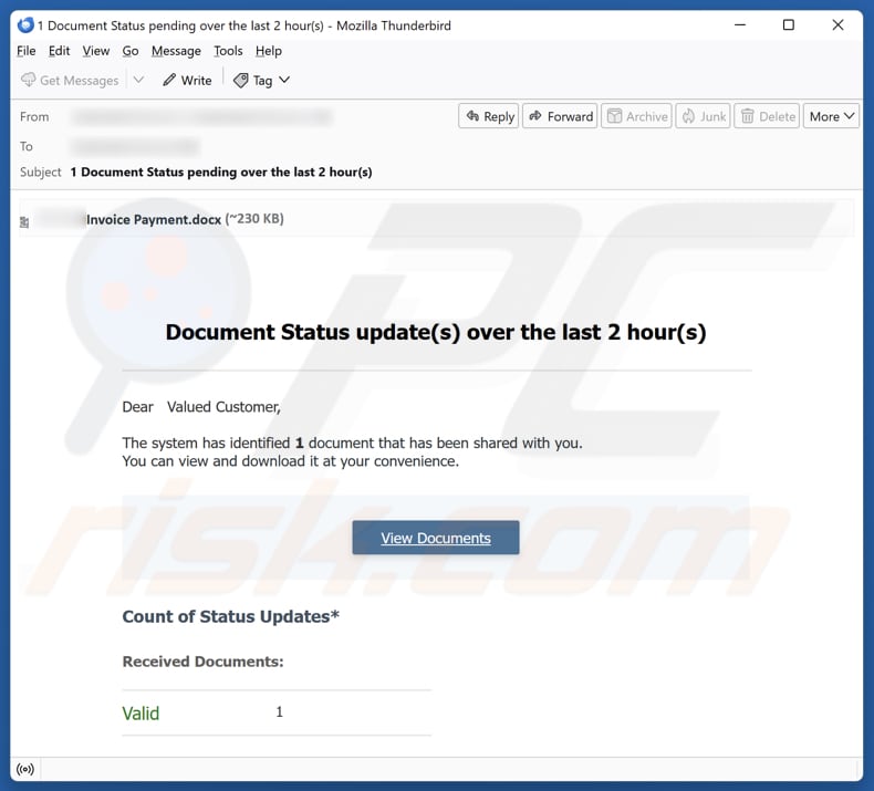 Campagna di spam via email Document Status Update