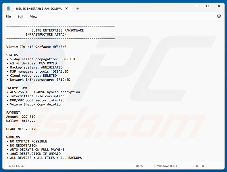Nota di riscatto testuale del ransomware Elite Enterprise (!!!ELITE_ENTERPRISE_RANSOMWARE!!!.txt)