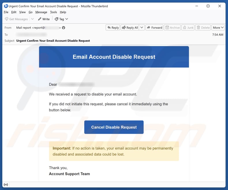 Campagna di spam via email Email Account Disable Request
